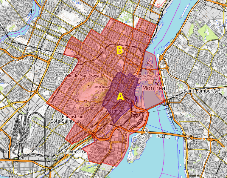 une carte de Montréal avec deux zones concentriques indiquant le péage de la zone A et B